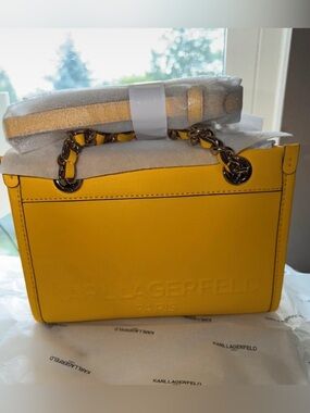 Karl Lagerfeld Bright Yellow Leather Chain Shoulder Bag